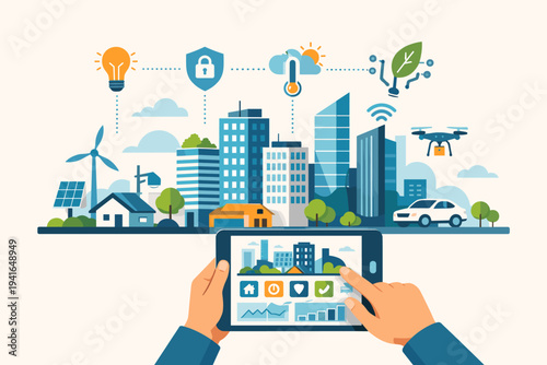 Smart City Technology Concept with Intelligent Buildings Controlled via Tablet App, Sustainable Energy with Wind Turbines and Solar Panels, Security, Climate Control, and Green Ecology Icons.