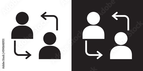 Clean vector icon of two circular user profiles connected by arrows. Ideal for illustrating user synchronization, peer-to-peer sharing, communication, and data exchange between accounts.