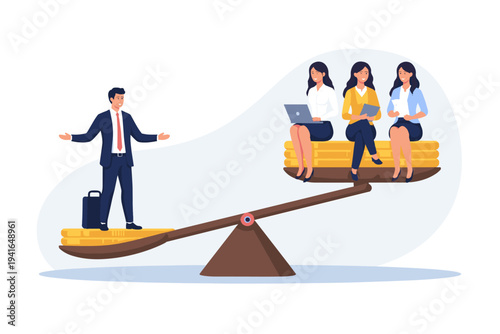 Vector illustration of a businessman on a scale outweighing three businesswomen, symbolizing gender pay gap, professional inequality, and unfair workplace discrimination in corporate world.