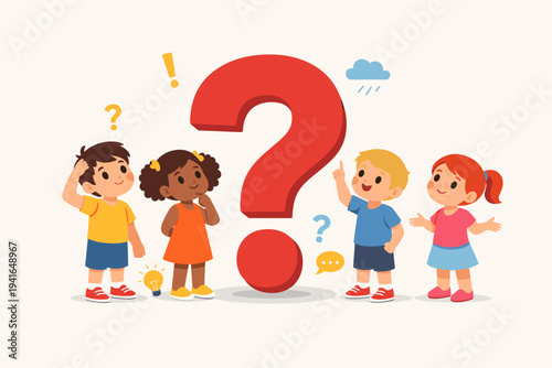 Vector illustration of diverse little kids standing around a giant red question mark. Children thinking, wondering, and finding answers with idea lightbulb. Educational concept for curiosity.