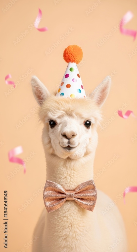 Obraz premium Adorable white alpaca smiling, wearing a festive hat and elegant bow tie, with confetti