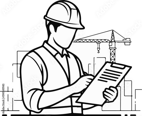 A worker in a hard hat and safety vest reviews plans with a crane and buildings behind