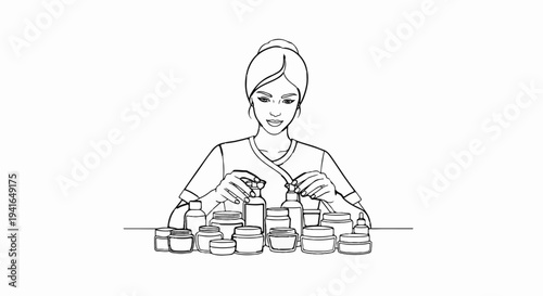 A woman with her hair up, holding dropper bottles and surrounded by various cosmetic jars