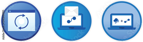 Email automation workflow icons. Browser sync, cloud messaging and laptop integration. SaaS marketing, CRM tutorials, onboarding, productivity and presentations. Tech flow chart