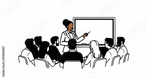 A woman presents to a seated audience in front of a whiteboard
