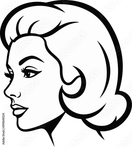 Black and white illustration of a woman's profile with styled hair