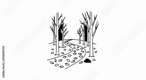 A winding path through a bare, autumnal forest with fallen leaves