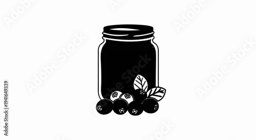 Black silhouette of a jar with blueberries and leaves