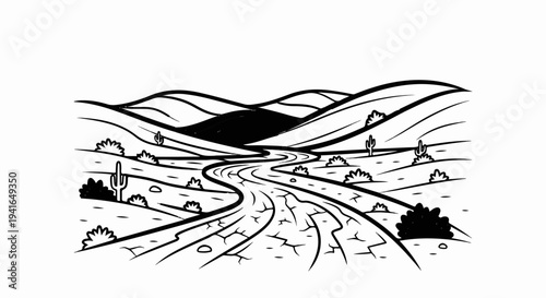 A winding, cracked road journeys through a desert landscape with cacti and hills