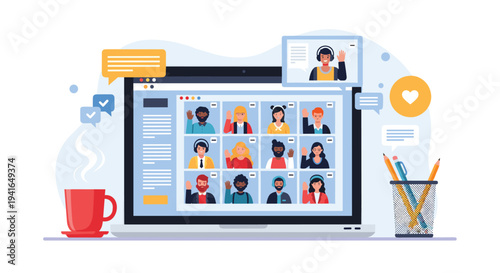 Digital video conference displayed on a laptop screen featuring multiple participants attending an online business meeting.