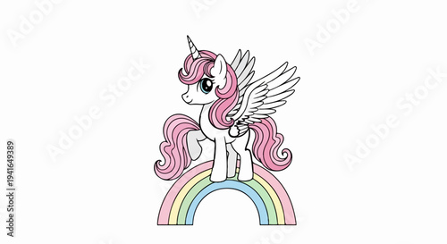 A whimsical winged unicorn with pink mane stands on a pastel rainbow