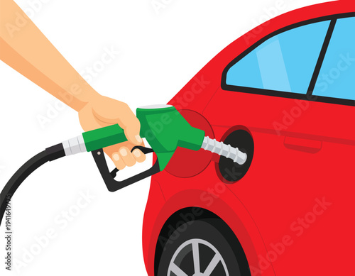 Hand holding a fuel nozzle, pumping gasoline into a gas tank, close-up of refueling a red car station, isolated cartoon flat design vector illustration