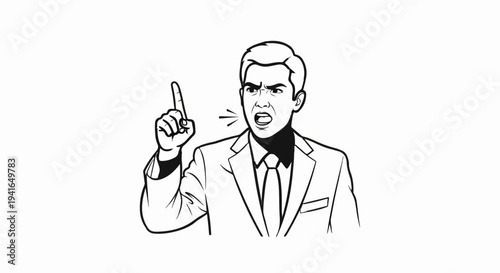 Angry businessman in suit with finger raised, shouting
