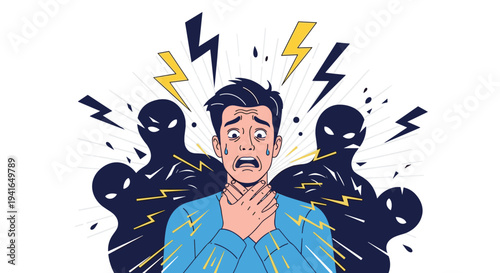 Man experiencing severe anxiety and fear while being haunted by dark shadowy monsters and lightning in his mind.