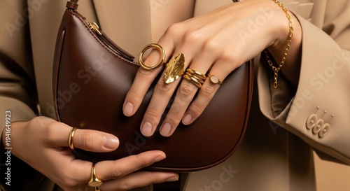 Close-up of elegant hands, gold rings, holding a sleek brown leather bag