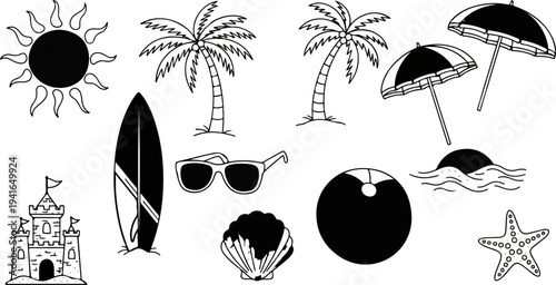 A whimsical black and white collection of beach essentials and sunny day icons