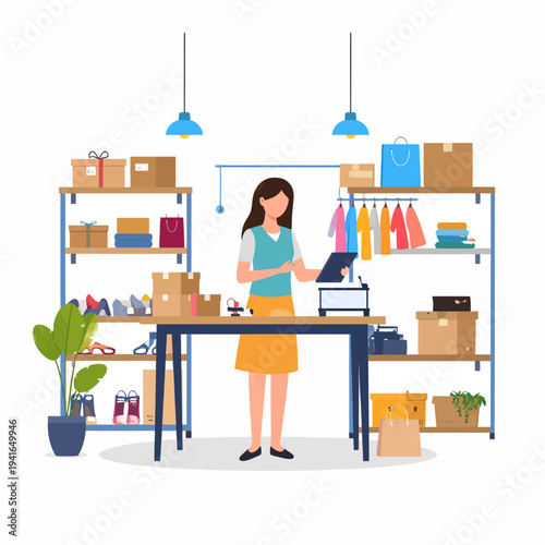Cartoon woman in blue shirt and yellow skirt working at a black desk with tablet, cash register and organized shelves in a bright retail office setting, viewed from front