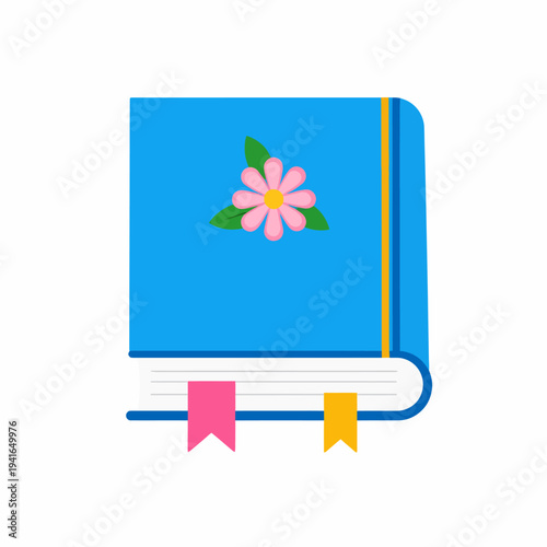 Side view of a digital graphic of an upright blue book with a pink flower cover, yellow spine, white pages and pink and yellow bookmarks on a plain white background