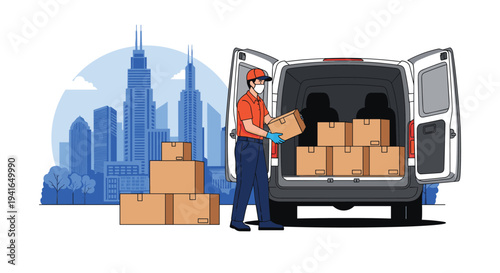 Professional delivery man wearing a face mask while loading cardboard boxes into a white shipping van in the city.