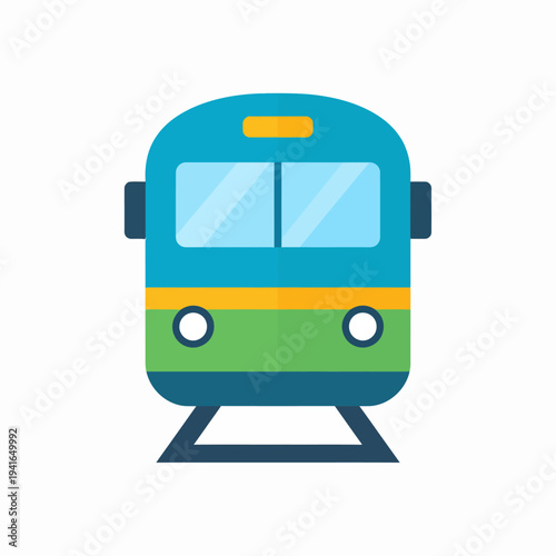 A cheerful cartoon train moving forward on a plain white backdrop, captured from a frontal viewpoint, showcasing teal upper body and green lower section in a simple illustration.
