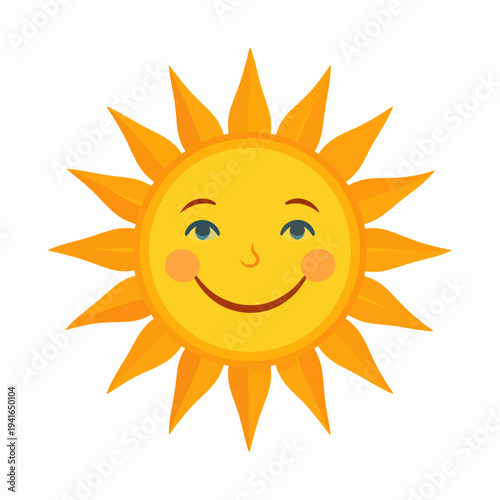 Cheerful cartoon sun smiling with blue eyes and orange rays radiating warmth, captured from a frontal viewpoint in a bright yellow illustration, conveying happiness