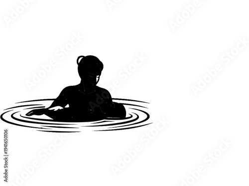 Black silhouette of a person submerged in water, creating ripples