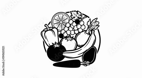 Artistic rendering of fresh fruits and vegetables in a circular arrangement