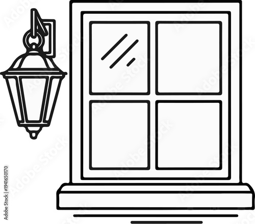 A vintage wall lamp hangs next to a multi-paned window with a sill