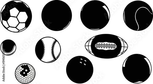 Assortment of athletic balls including soccer, tennis, baseball, football, golf, bowling, and basketballs
