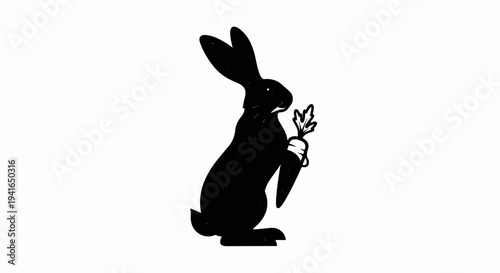Black silhouette of a rabbit holding a carrot against a white background