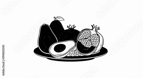 Black and white illustration of avocados and pomegranates on a plate