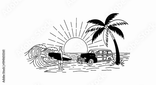 A vintage car and surfer greet a sunset on a tropical beach