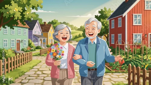 Happy senior couple walking together in a quaint neighborhood with colorful houses on a sunny day in cartoon style