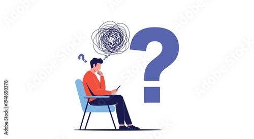 Thinking man sitting on a blue chair while dealing with confusion and difficult questions represented by symbols.