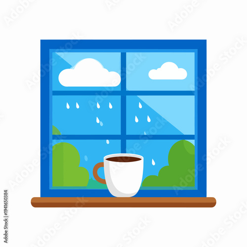 Quiet morning scene of a coffee mug on a windowsill, watching rain through a blue-pane window as clouds drift, captured in a cozy illustration from a calm interior viewpoint