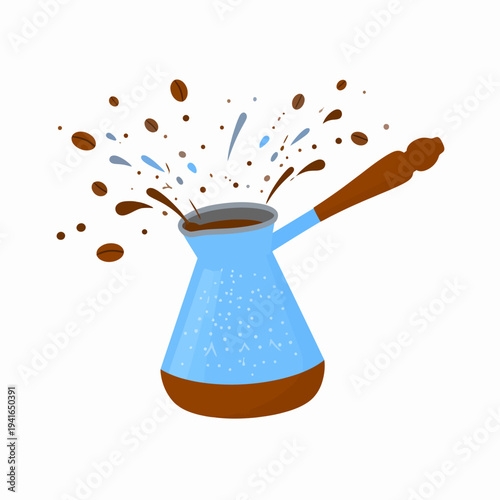 Playful cartoon illustration of a light blue coffee pot with brown handle splashing dark brown coffee droplets upward, viewed from front, set against a clean white background in a lively kitchen scene