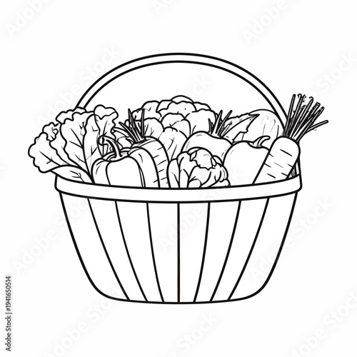 A hand‑drawn minimalist line illustration of a basket overflowing with fresh vegetables, captured from a frontal viewpoint, emphasizing clean black‑and‑white design