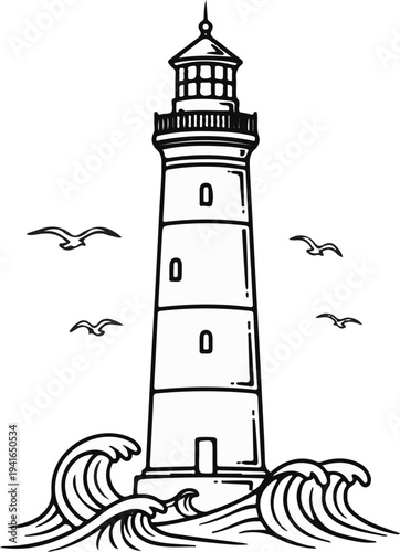 A tall, striped lighthouse stands amidst crashing waves, with seagulls soaring nearby