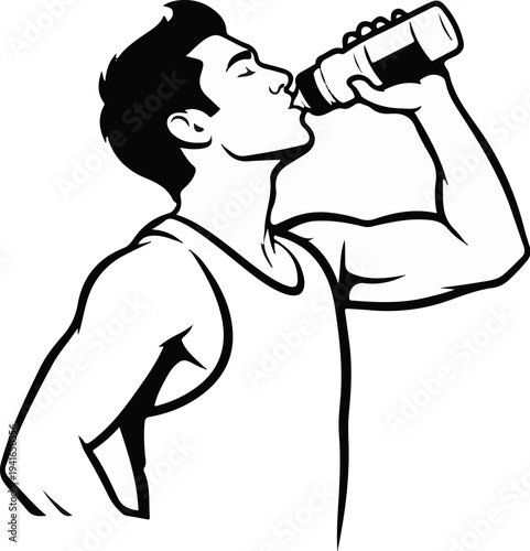 Athletic male in tank top drinks from a water bottle