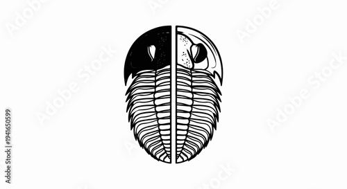 A symmetrical, black and white, graphic illustration of a trilobite fossil