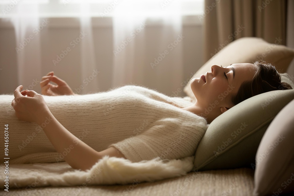 Obraz premium A peaceful woman relaxing in a serene indoor space, embodying tranquility and mindfulness in her moment of rest.
