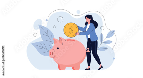 Young woman saving money by dropping a large gold coin into a classic pink piggy bank in a modern office setting.