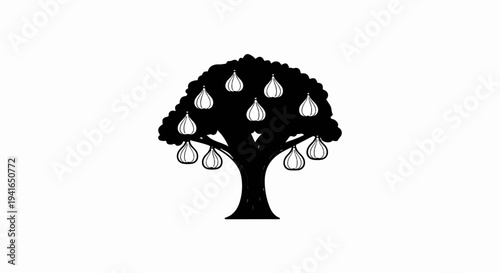 A stylized silhouette of a tree laden with fruit, against a white background