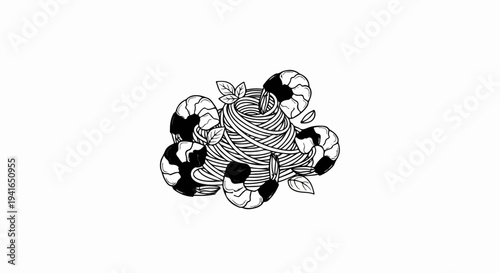 Black and white illustration of pasta with shrimp and basil leaves