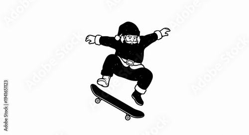Black and white illustration of Santa Claus performing a skateboard trick