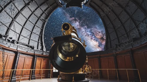 Interior view of historic observatory with telescope pointing to the milky way galaxy for scientific research