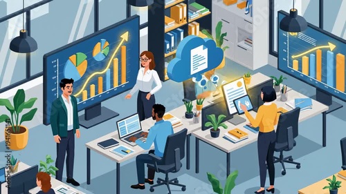 Isometric office scene with business professionals analyzing data and collaborating on cloud technology for growth and success