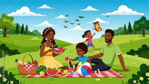 Joyful african american family picnic in summer park cartoon style video beautiful sunny day with active kids and relaxed parents