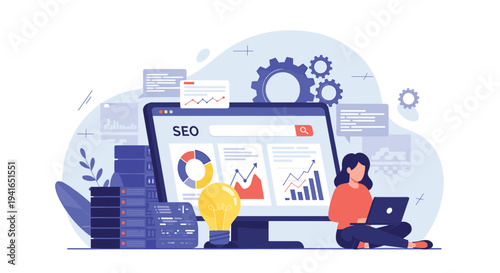 Professional woman working on a laptop while analyzing SEO data on a large computer screen with gears and charts.