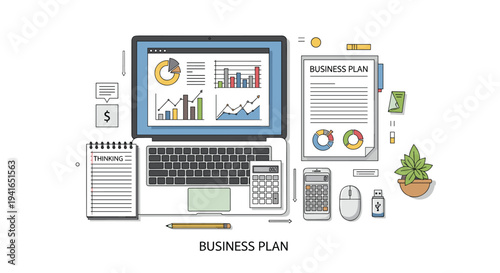Organized top-down view of a business planning workspace featuring a laptop, a notebook, a calculator, and office tools.